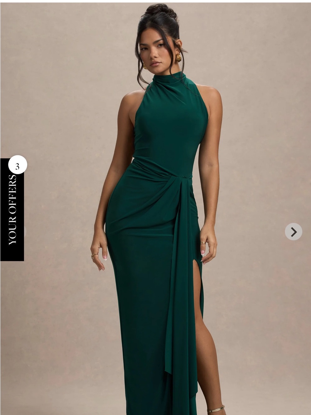 High-Neck Backless Evening Gown in Deep Green